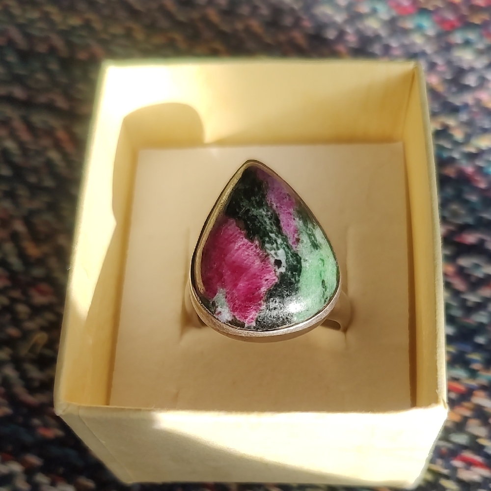 Sterling Silver Teardrop Ruby Zoisite Statement Ring - Pink & Green